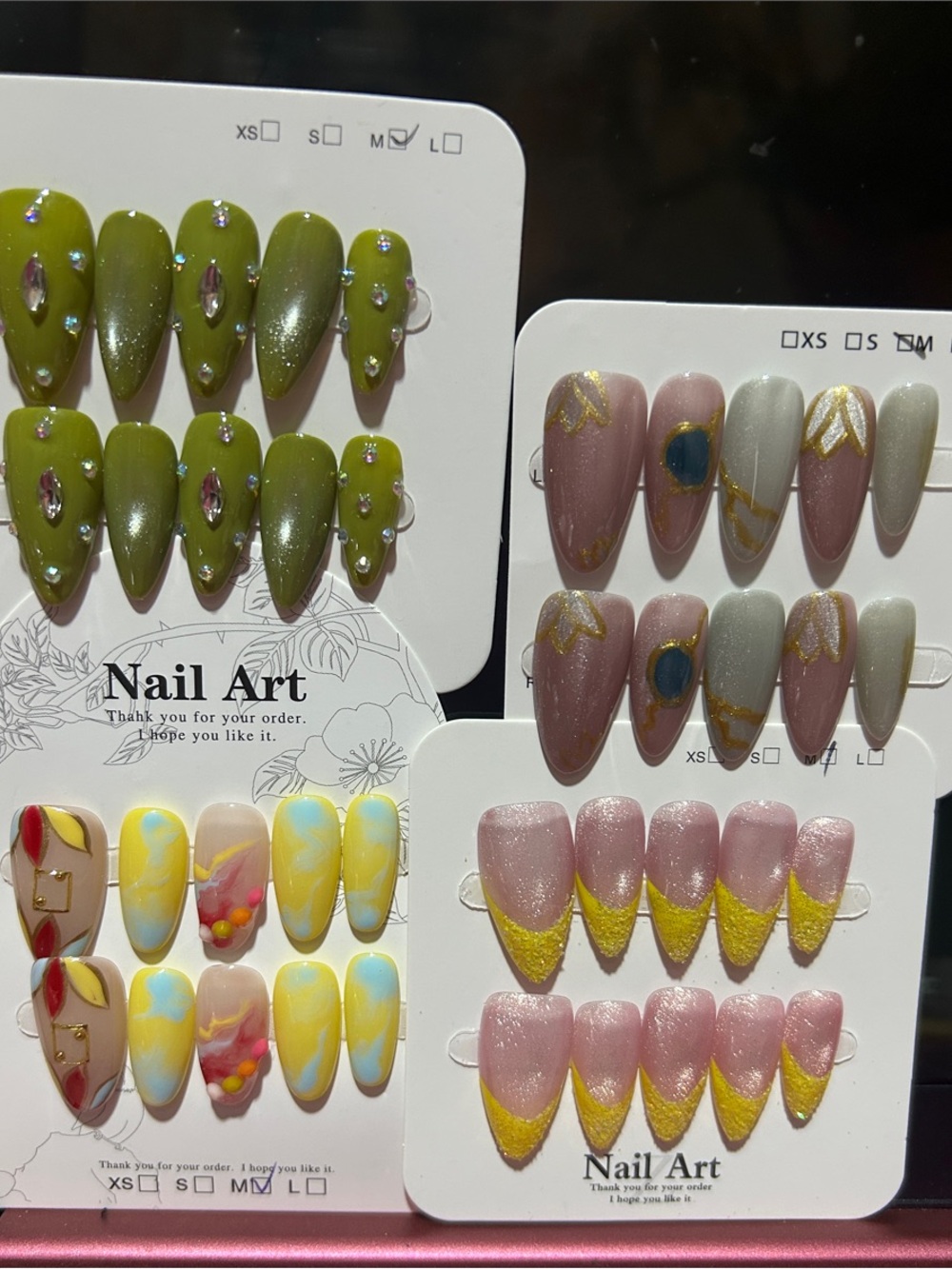 Assorted Press-On Nail Sets - Olive Green, Blush Pink, Yellow & Pastel Mix